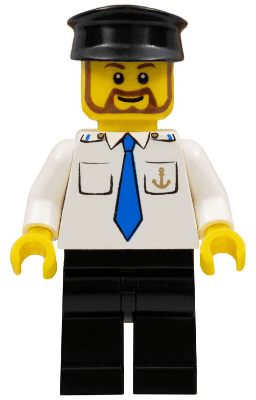 LEGO Boat Captain with Blue Tie and Anchor on Pocket Black Hat Brown Beard Rounded (boat012) Town / City Minifigure
