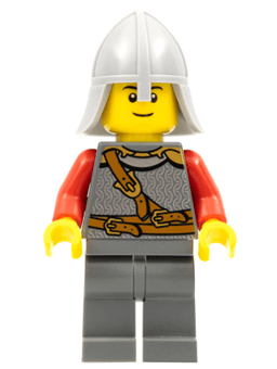 Kingdoms - Lion Knight Scale Mail with Chest Strap and Belt, Helmet with Neck Protector, Black Eyebrows, Thin Grin