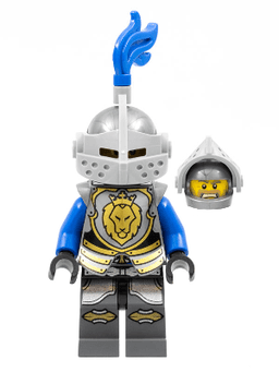 Castle - King's Knight Armor with Lion Head with Crown, Helmet with Pointed Visor, Blue Plume, Angry Face