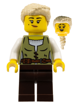 Carpenter - Female, Olive Green Vest, Dark Brown Legs, Tan Coiled Hair Ponytail