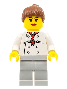 Chef - White Torso with 8 Buttons, Light Bluish Gray Legs, Reddish Brown Ponytail Hair, Black Eyebrows, Female