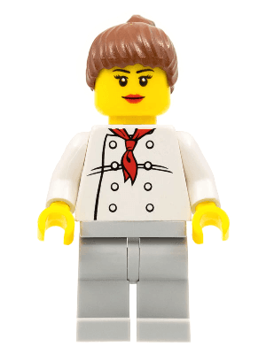 Chef - White Torso with 8 Buttons, Light Bluish Gray Legs, Reddish Brown Ponytail Hair, Black Eyebrows, Female