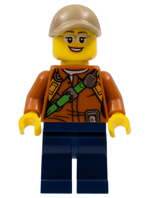 City Jungle Explorer Female - Dark Orange Shirt with Green Strap, Dark Blue Legs, Silver Glasses, Dark Tan Cap with Hole