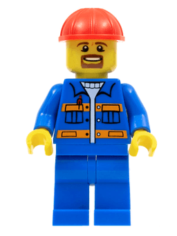 LEGO Blue Jacket with Pockets and Orange Stripes Red Construction Helmet Brown Moustache and Goatee (con009) minifigure