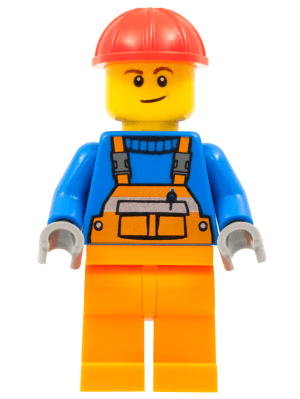 LEGO Overalls with Safety Stripe Orange Red Construction Helmet Lopsided Smile (con011) Town / City Minifigure