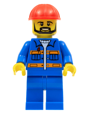 LEGO Blue Jacket with Pockets and Orange Stripes Red Construction Helmet Black Angular Beard (con012) Town / City Minifigure