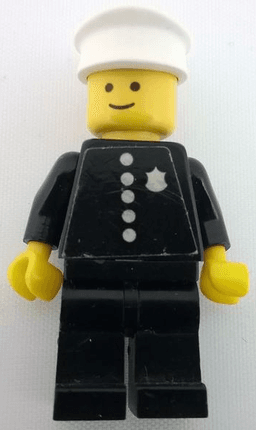 Police - Torso Sticker with 5 Buttons and Badge, Black Legs, White Hat