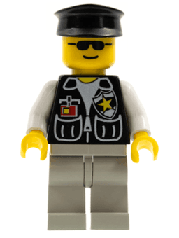 Police - Sheriff Star and 2 Pockets, Light Gray Legs, White Arms, Black Hat