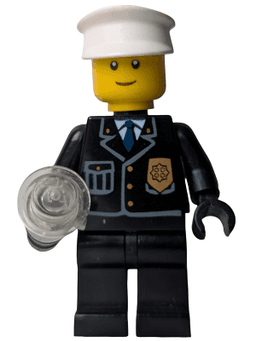 Police - City Suit with Blue Tie and Badge, Black Legs, White Hat - with Light-Up Flashlight