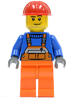 LEGO Overalls with Safety Stripe Orange Red Construction Helmet Smirk and Stubble Beard (cty0079) Town / City Minifigure
