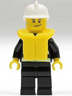 Fire - Reflective Stripes, Black Legs, White Fire Helmet, Crooked Smile, Life Jacket