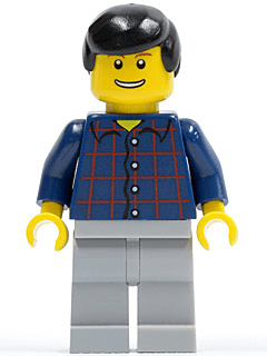 Plaid Button Shirt, Light Bluish Gray Legs, Black Male Hair, Thin Grin with Teeth