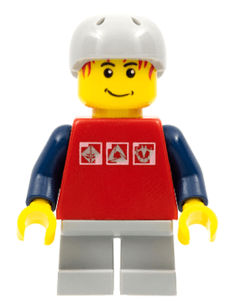 Skateboarder, Red Shirt with Silver Logos, Dark Blue Arms, Light Bluish Gray Short Legs, Male Messy Red Hair