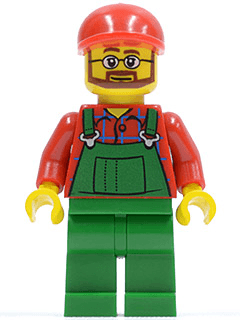 LEGO Overalls Farmer Green Red Short Bill Cap Beard and Glasses (cty0170) Town / City Minifigure