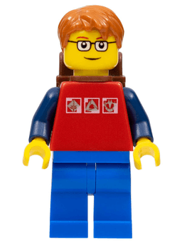 Red Shirt with 3 Silver Logos, Dark Blue Arms, Blue Legs, Dark Orange Short Tousled Hair, Red Eyebrows, Backpack