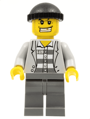Police - Jail Prisoner Jacket over Prison Stripes, Dark Bluish Gray Legs, Black Knit Cap, Gold Tooth