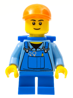 LEGO Overalls with Tools in Pocket Blue Orange Short Bill Cap Blue Short Legs D-Basket Black Eyebrows (cty0214a) minifigure