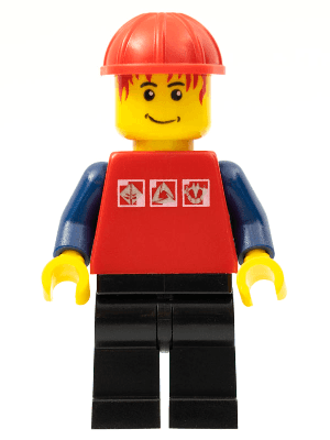 LEGO Red Shirt with 3 Silver Logos Messy Red Hair Red Construction Helmet (cty0244) Town / City Minifigure