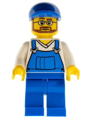 LEGO Overalls Blue over V-Neck Shirt Blue Short Bill Cap Beard and Glasses (cty0268) Town / City Minifigure