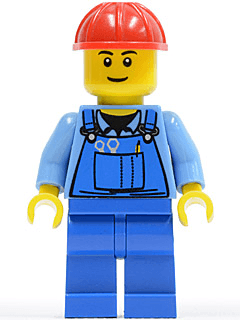 LEGO Overalls with Tools in Pocket Blue Red Construction Helmet Black Eyebrows (cty0291) minifigure