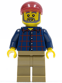 LEGO Plaid Button Shirt Dark Red Short Bill Cap Dark Bluish Gray Beard and Eyebrows (cty0325) Town / City Minifigure