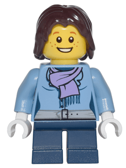 LEGO Medium Blue Jacket with Light Purple Scarf Dark Blue Short Legs Dark Brown Mid-Length Tousled Hair (cty0331) minifigure