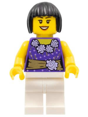 LEGO Female Dark Purple Blouse with Gold Sash and Flowers Black Bob Cut Hair (cty0354) Town / City Minifigure