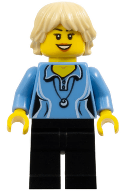 Medium Blue Female Shirt with Two Buttons and Shell Pendant, Black Legs, Tan Tousled and Layered Hair