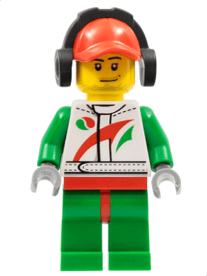 LEGO Race Car Mechanic White Racing Suit with Octan Logo Red Cap with Hole Headphones Smirk (cty0391) Town / City Minifigure