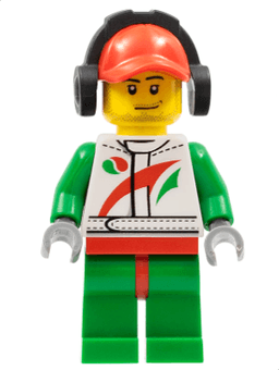 LEGO Race Car Mechanic White Racing Suit with Octan Logo Red Cap with Hole Headphones Smirk and Stubble Beard (cty0391) minifigure