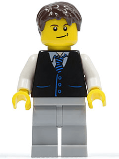 LEGO Black Vest with Blue Striped Tie Dark Brown Short Tousled Hair Crooked Smile (cty0395) minifigure