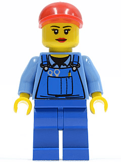 LEGO Overalls with Tools in Pocket Blue Red Short Bill Cap Eyelashes and Red Lips (cty0402) Town / City Minifigure