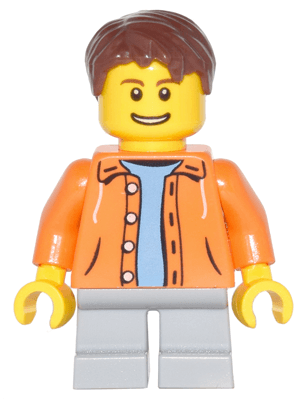 LEGO Orange Jacket with Hood over Light Blue Sweater Light Bluish Gray Short Legs Reddish Br (cty0440) Town / City Minifigure