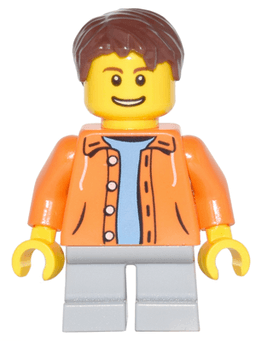 LEGO Orange Jacket with Hood over Light Blue Sweater Light Bluish Gray Short Legs Reddish Brown Short Tousled Hair (cty0440) minifigure