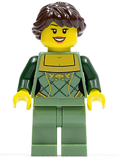 LEGO Sand Green Female Corset with Gold Trimmed Front Dark Brown Hair Ponytail Long French Braided (cty0444) minifigure