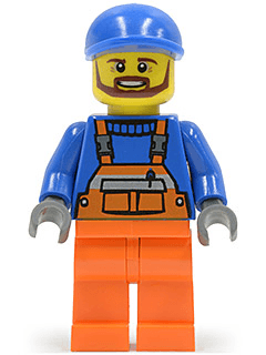 LEGO Overalls with Safety Stripe Orange Blue Short Bill Cap Brown Beard (Tow Truck Driver) (cty0459) Town / City Minifigure