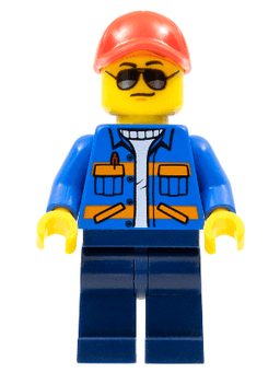 Blue Jacket with Diagonal Lower Pockets and Orange Stripes, Dark Blue Legs, Red Cap with Hole, Sunglasses with Back Print