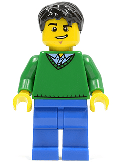 Green V-Neck Sweater, Blue Legs, Black Short Tousled Hair, Lopsided Grin