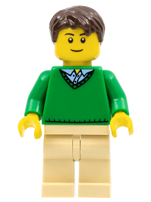 Green V-Neck Sweater, Tan Legs, Dark Brown Short Tousled Hair, Thin Grin