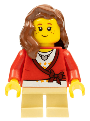 LEGO Sweater Cropped with Bow Heart Necklace Tan Short Legs Reddish Brown Female Hair over S (cty0572) Town / City Minifigure