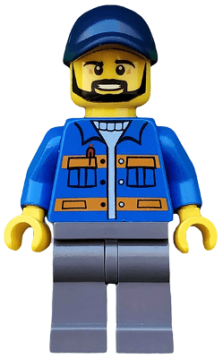 LEGO Blue Jacket with Pockets and Orange Stripes Dark Blue Cap with Hole Black Beard (cty0576) Town / City Minifigure