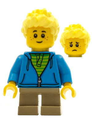 LEGO Boy Dark Azure Hoodie with Green Striped Shirt Dark Tan Short Legs Freckles (cty0657) Town / City Minifigure
