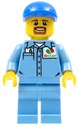 LEGO Medium Blue Uniform Shirt with Pocket and Octan Logo Blue Short Bill Cap Goatee (cty0679) Town / City Minifigure
