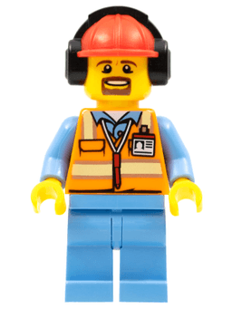 LEGO Orange Safety Vest with Reflective Stripes Red Construction Helmet with Black Ear Protectors / Headphones (cty0688) minifigure