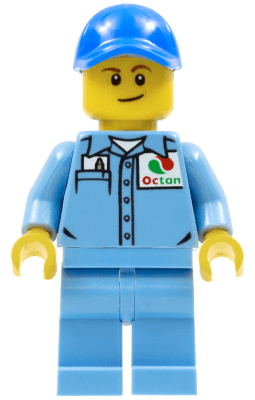LEGO Medium Blue Uniform Shirt with Pocket and Octan Logo Blue Cap with Hole Lopsided Smile (cty0689) minifigure