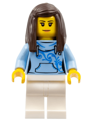 LEGO Pizza Van Customer Female Bright Light Blue Hoodie with Swirl Flower Pattern Dark Brown (cty0710) Town / City Minifigure