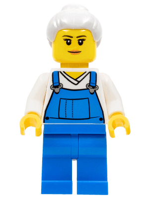 LEGO Farm Hand Female Overalls Blue over V-Neck Shirt Light Bluish Gray Hair with Top Knot B (cty0723) Town / City Minifigure
