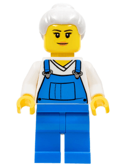 LEGO Farm Hand Female Overalls Blue over V-Neck Shirt Light Bluish Gray Hair with Top Knot Bun (cty0723) minifigure