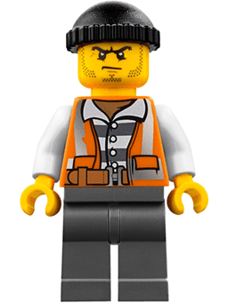 Police - City Bandit Crook Orange Vest, Dark Bluish Gray Legs, Black Knit Cap, Beard Stubble and Scowl