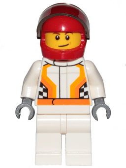LEGO Race Car Driver White Racing Suit with Orange Stripes and Checkered Pattern Crooked Smile with Brown Dimple (cty0874) minifigure